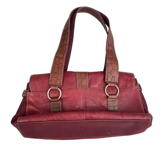 Franco Sarto Red Leather Embossed Brown Trim Shoulder Bag Dual Straps Buckle - Picture 7 of 16